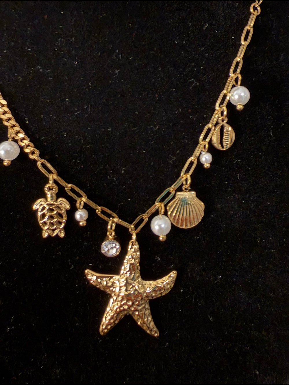 Gold Starfish Charm Necklace with Pearls - 18k triple gold plated